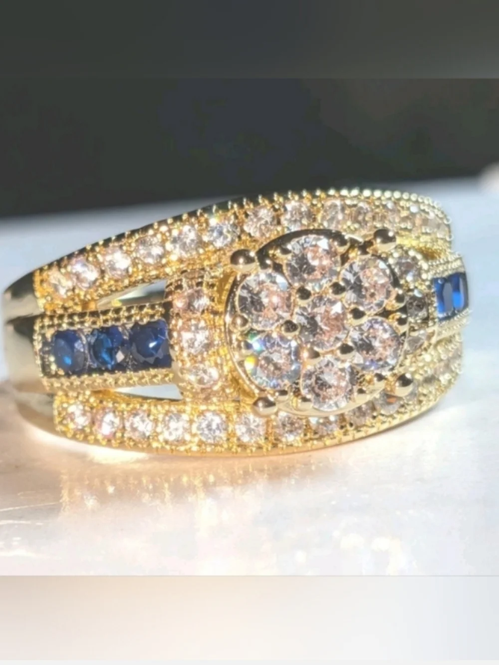 Classic Gold-Plated Blue Lab Created Sapphire Cluster Ring - Women Jewelry Sz 10